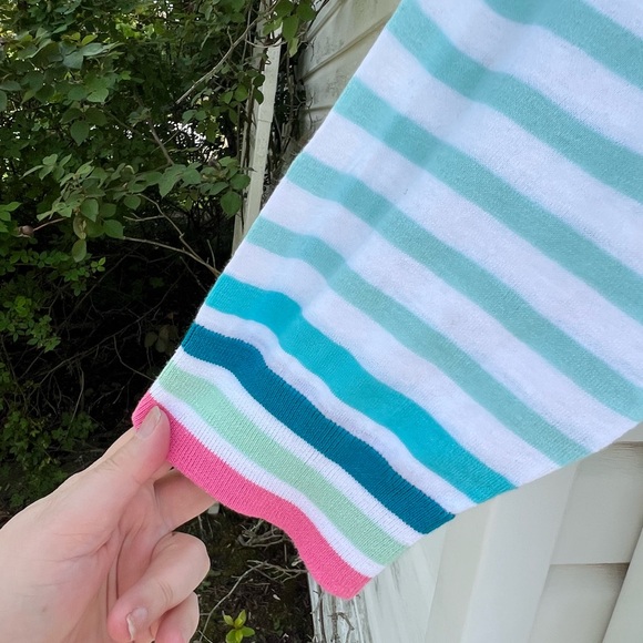 NWT Talbots Pretty White Aqua Multicolor Stripe Hem V-neck Cotton Sweater - Picture 2 of 3